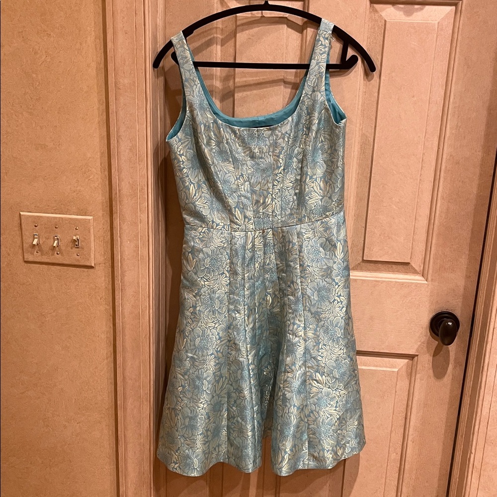 Nine West Seafoam Green and Gold Patterned Brocade Jacquard Fit and Flare Dress